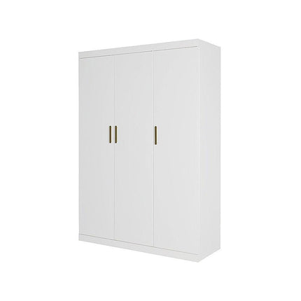 3 Door White Wardrobe – Gold Handles, Hanging Rail & Shelves.