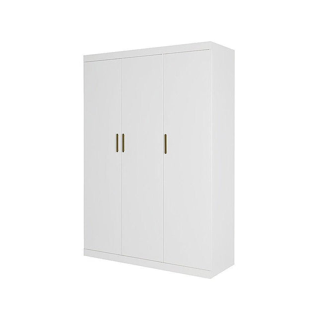 3 Door White Wardrobe – Gold Handles, Hanging Rail & Shelves.
