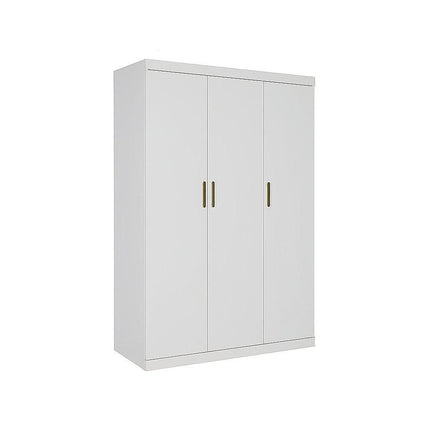 3 Door White Wardrobe – Gold Handles, Hanging Rail & Shelves.