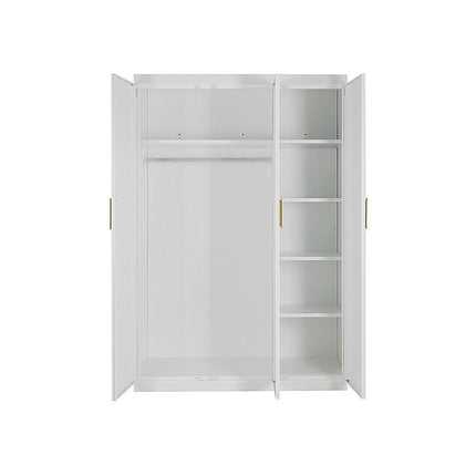 3 Door White Wardrobe – Gold Handles, Hanging Rail & Shelves.