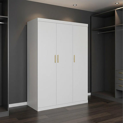 3 Door White Wardrobe – Gold Handles, Hanging Rail & Shelves.