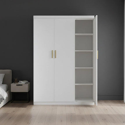 3 Door White Wardrobe – Gold Handles, Hanging Rail & Shelves.