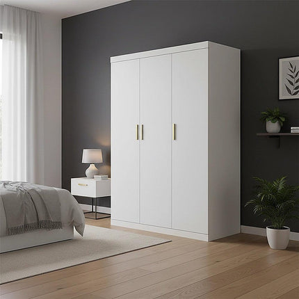 3 Door White Wardrobe – Gold Handles, Hanging Rail & Shelves.