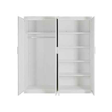 4 Door White Wardrobe Cabinet – Hanging Rail, Shelves & White Handles.