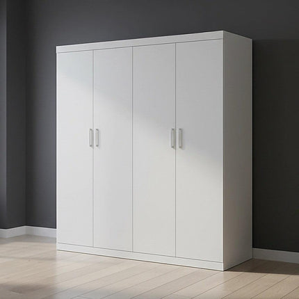 4 Door White Wardrobe Cabinet – Hanging Rail, Shelves & White Handles.