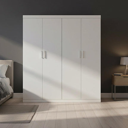 4 Door White Wardrobe Cabinet – Hanging Rail, Shelves & White Handles.