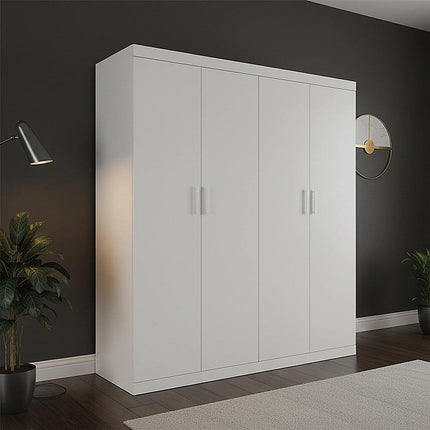 4 Door White Wardrobe Cabinet – Hanging Rail, Shelves & White Handles.