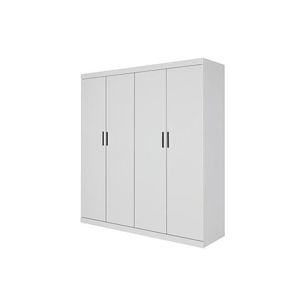 4 Door White Wardrobe Cabinet – Hanging Rail, Shelves & Black Handles.