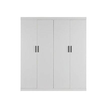 4 Door White Wardrobe Cabinet – Hanging Rail, Shelves & Black Handles.