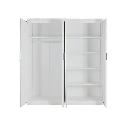 4 Door White Wardrobe Cabinet – Hanging Rail, Shelves & Black Handles.