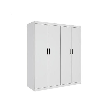 4 Door White Wardrobe Cabinet – Hanging Rail, Shelves & Black Handles.