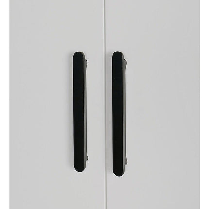 4 Door White Wardrobe Cabinet – Hanging Rail, Shelves & Black Handles.