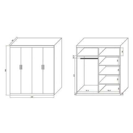 4 Door White Wardrobe Cabinet – Hanging Rail, Shelves & Black Handles.