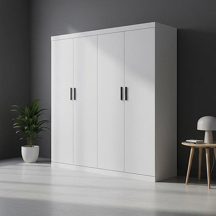 4 Door White Wardrobe Cabinet – Hanging Rail, Shelves & Black Handles.