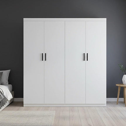 4 Door White Wardrobe Cabinet – Hanging Rail, Shelves & Black Handles.