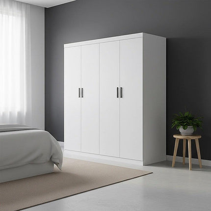 4 Door White Wardrobe Cabinet – Hanging Rail, Shelves & Black Handles.