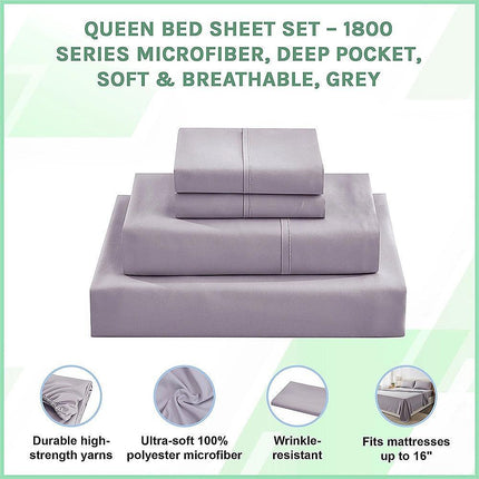 Queen Bed Sheet Set – 1800 Series Microfiber, Deep Pocket, Soft & Breathable, Grey.