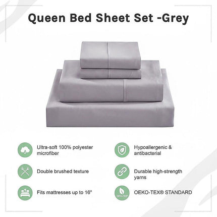 Queen Bed Sheet Set – 1800 Series Microfiber, Deep Pocket, Soft & Breathable, Grey.