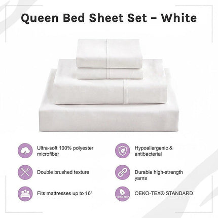 Queen Bed Sheet Set – 1800 Series Microfiber, Deep Pocket, Soft & Breathable, White.