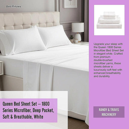 Queen Bed Sheet Set – 1800 Series Microfiber, Deep Pocket, Soft & Breathable, White.