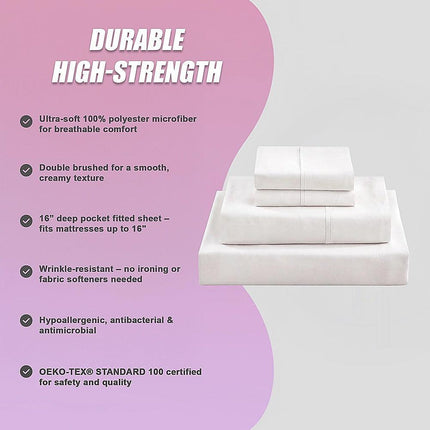 Queen Bed Sheet Set – 1800 Series Microfiber, Deep Pocket, Soft & Breathable, White.