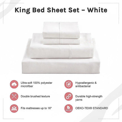 King Bed Sheet Set – 1800 Series Microfiber, Deep Pocket, Soft & Breathable, White.