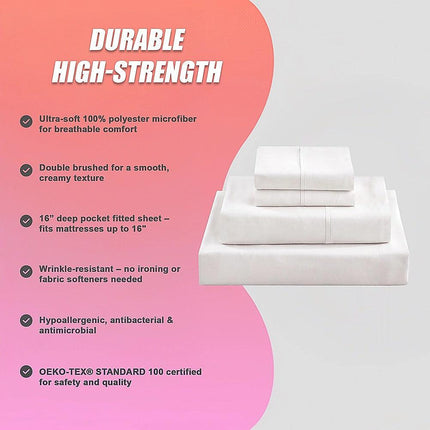 King Bed Sheet Set – 1800 Series Microfiber, Deep Pocket, Soft & Breathable, White.