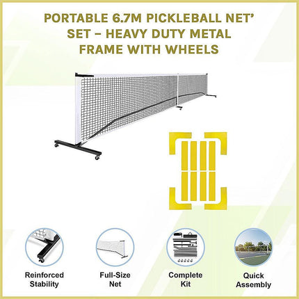 Portable 6.7m Pickleball Net Set – Heavy Duty Metal Frame with Wheels.