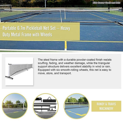 Portable 6.7m Pickleball Net Set – Heavy Duty Metal Frame with Wheels.