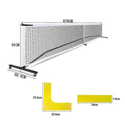 Portable 6.7m Pickleball Net Set – Heavy Duty Metal Frame with Wheels.