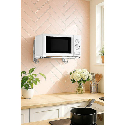 Stainless Steel Microwave Oven Wall Mount Bracket – Adjustable Shelf with Removable Hooks.