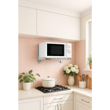 Stainless Steel Microwave Oven Wall Mount Bracket – Adjustable Shelf with Removable Hooks.