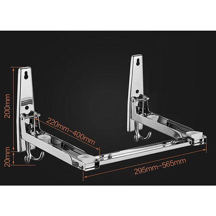 Stainless Steel Microwave Oven Wall Mount Bracket – Adjustable Shelf with Removable Hooks.