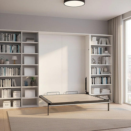 Double Wall Bed in White Gloss – Space Saving Murphy Bed Kit with Silver Door Handle.