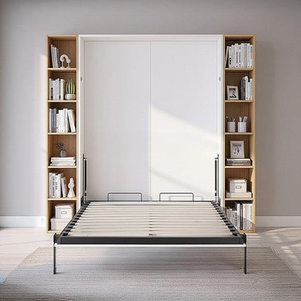 Double Wall Bed in White Gloss – Space Saving Murphy Bed Kit with Silver Door Handle.