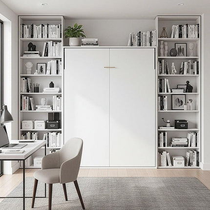 Double Wall Bed in White Gloss – Space Saving Murphy Bed Kit with Silver Door Handle.