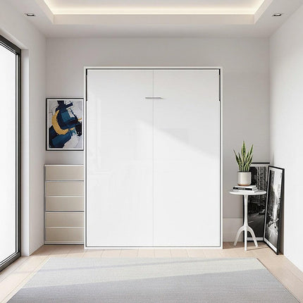 Double Wall Bed in White Gloss – Space Saving Murphy Bed Kit with Black Door Handle.
