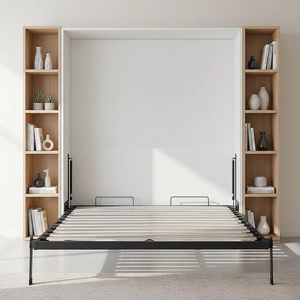 Double Wall Bed in White Gloss – Space Saving Murphy Bed Kit with Black Door Handle.