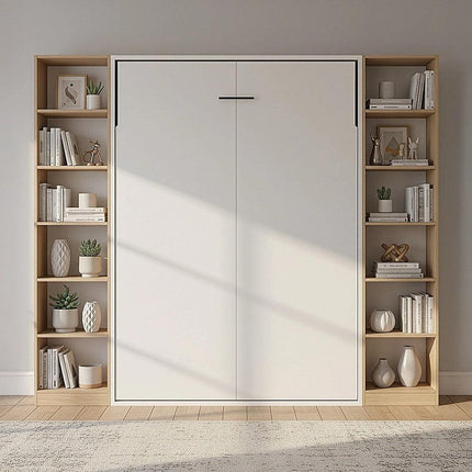 Double Wall Bed in White – Space Saving Murphy Bed Kit with Black Door Handle.
