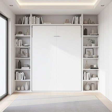 Queen Wall Bed in White Gloss – Space Saving Murphy Bed Kit with Silver Door Handle.