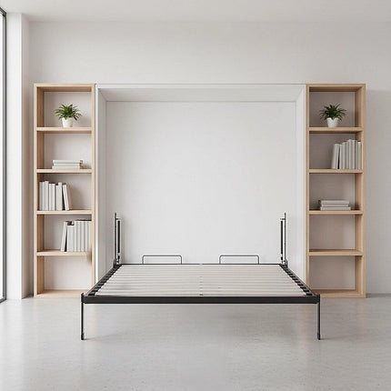 Queen Wall Bed in White Gloss – Space Saving Murphy Bed Kit with Black Door Handle.