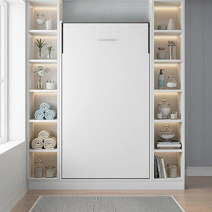 Single Wall Bed in White Gloss – Space Saving Murphy Bed Kit with Silver Door Handle.