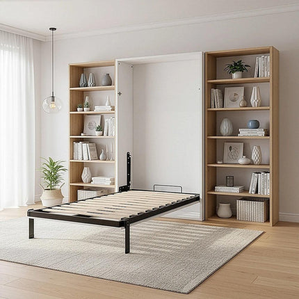 Single Wall Bed in White Gloss – Space Saving Murphy Bed Kit with Black Door Handle.