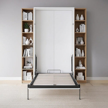 Single Wall Bed in White – Space Saving Murphy Bed Kit with Black Door Handle.