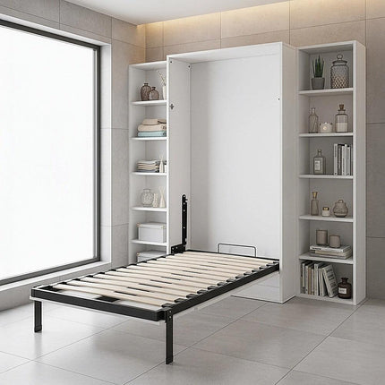 Single Wall Bed in White – Space Saving Murphy Bed Kit with Gold Door Handle.