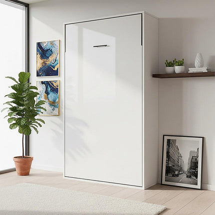 King-single Wall Bed in White Gloss – Space Saving Murphy Bed Kit with Silver Door Handle.