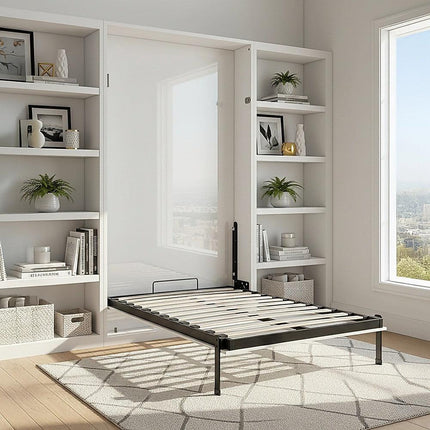 King-single Wall Bed in White Gloss – Space Saving Murphy Bed Kit with Black Door Handle.