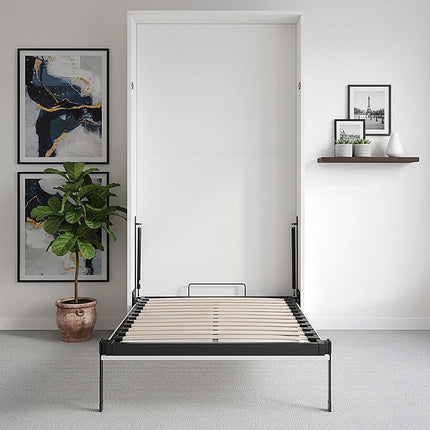 King-single Wall Bed in White – Space Saving Murphy Bed Kit with Black Door Handle.