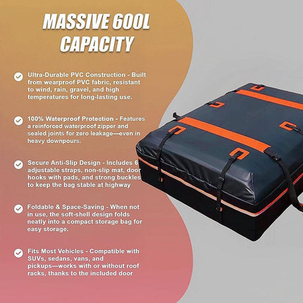 600L Car Roof Bag Cargo Carrier – Large Waterproof Rooftop Luggage Rack Storage.