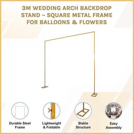 3m Wedding Arch Backdrop Stand – Square Metal Frame for Balloons & Flowers.